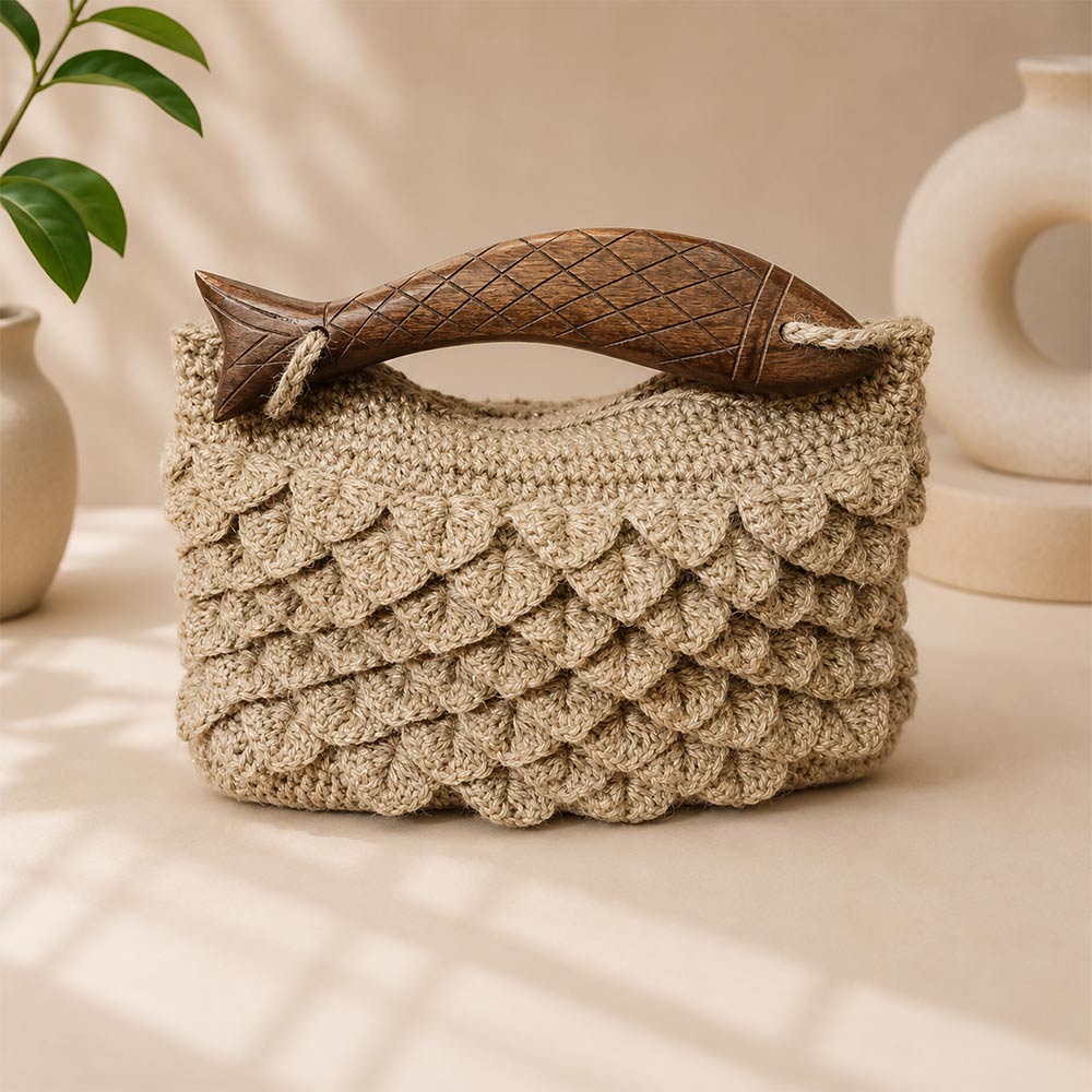 Hand-Woven Jute Fish Handle Bag with Scalloped Texture