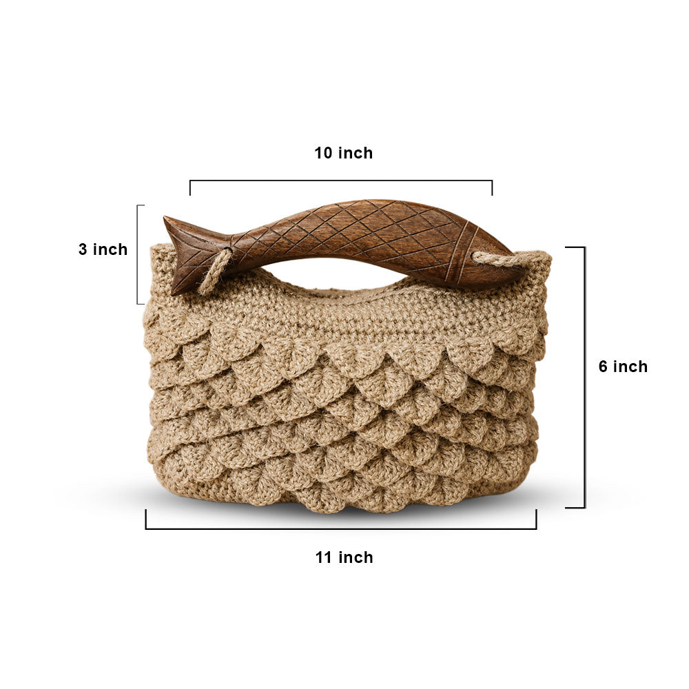 Hand-Woven Jute Fish Handle Bag with Scalloped Texture