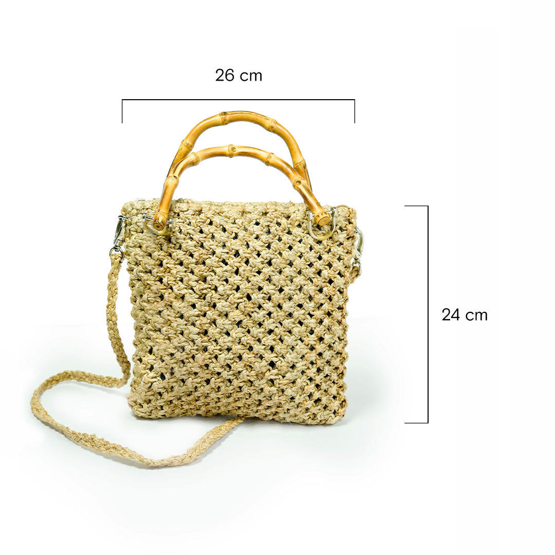 Jute Macrame Handbag with Bamboo Handles & Shoulder Strap