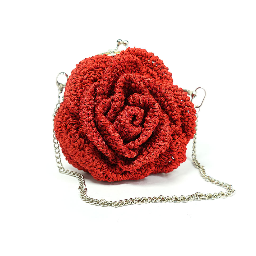 Red Jute Crochet Rose Clutch Bag with Chain