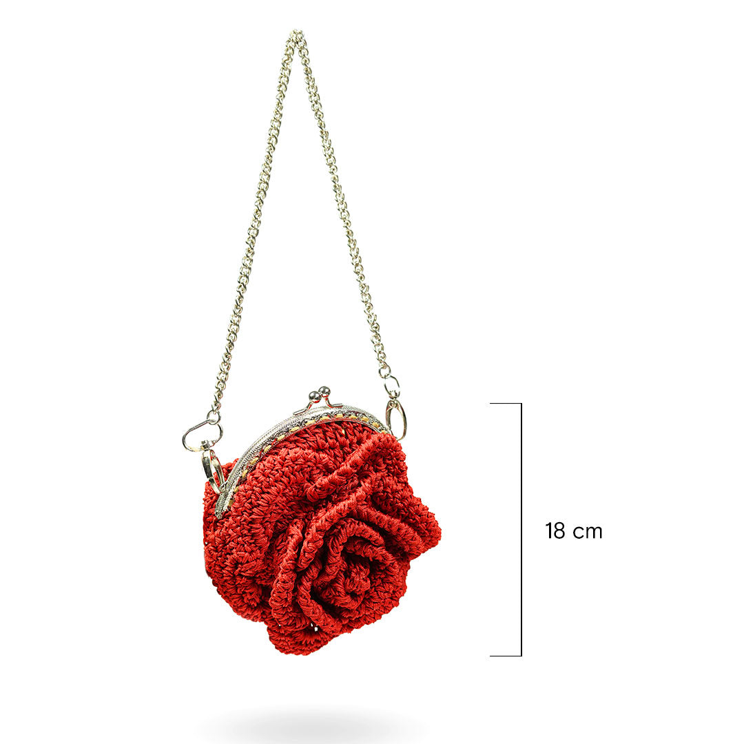 Red Jute Crochet Rose Clutch Bag with Chain
