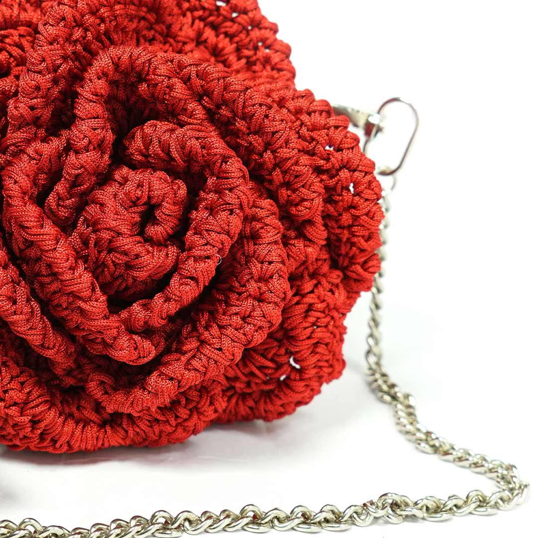 Red Jute Crochet Rose Clutch Bag with Chain