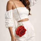 Red Jute Crochet Rose Clutch Bag with Chain