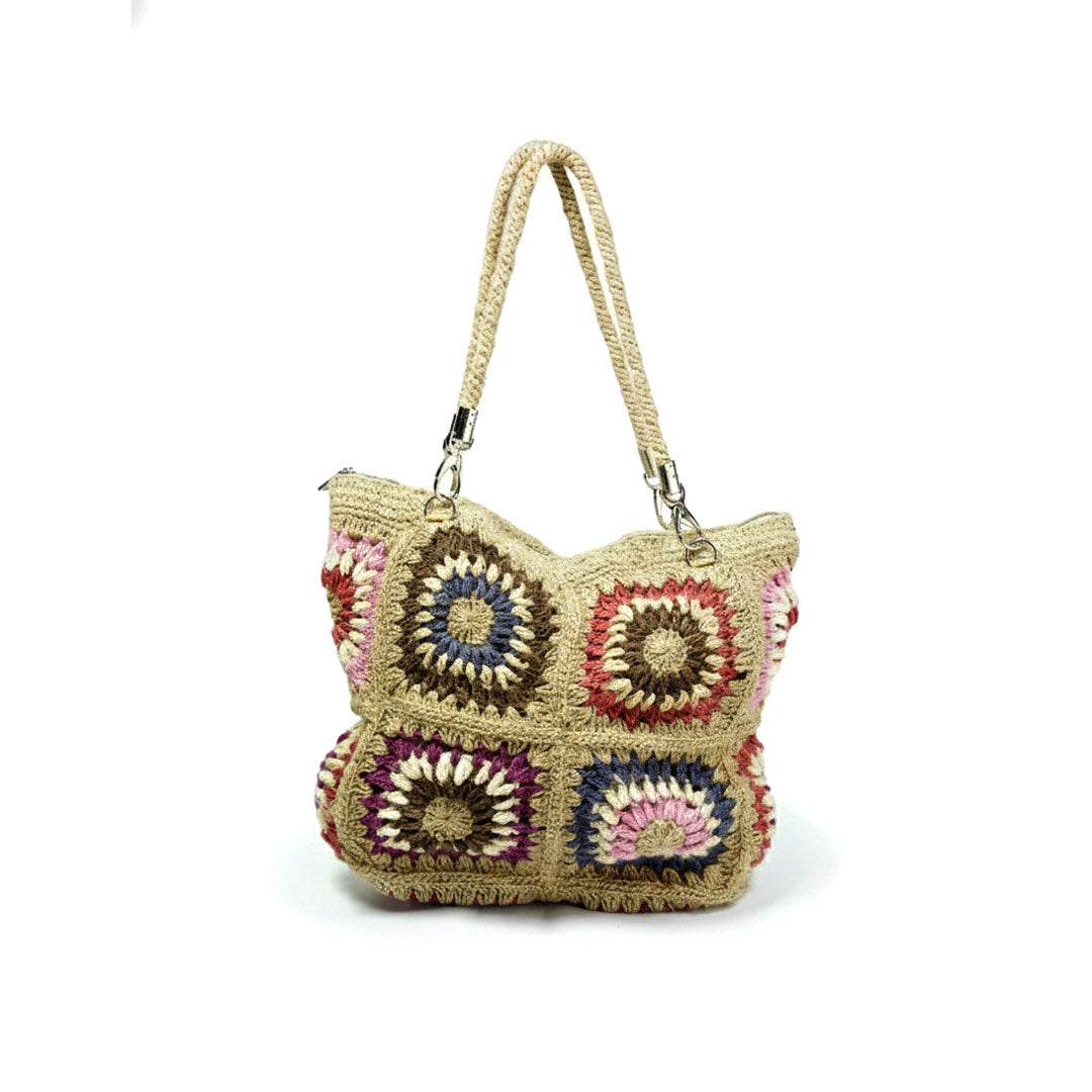 Jute Crochet Granny Square Tote Bag with Rope Handles
