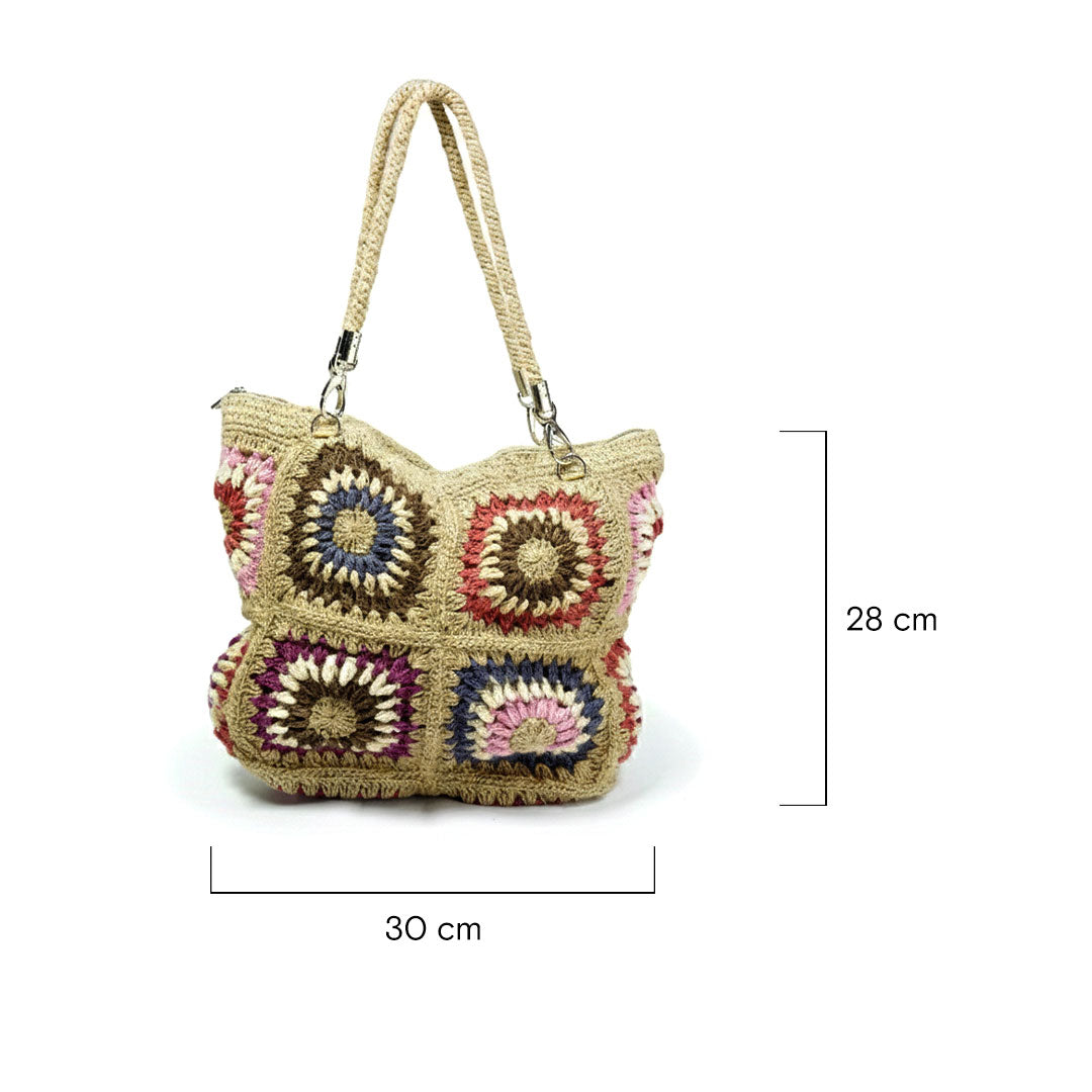 Jute Crochet Granny Square Tote Bag with Rope Handles
