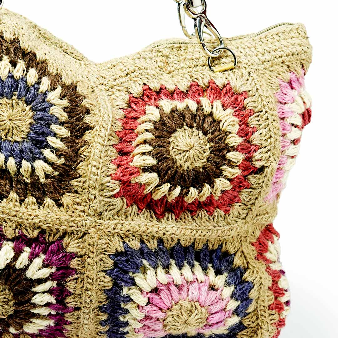 Jute Crochet Granny Square Tote Bag with Rope Handles