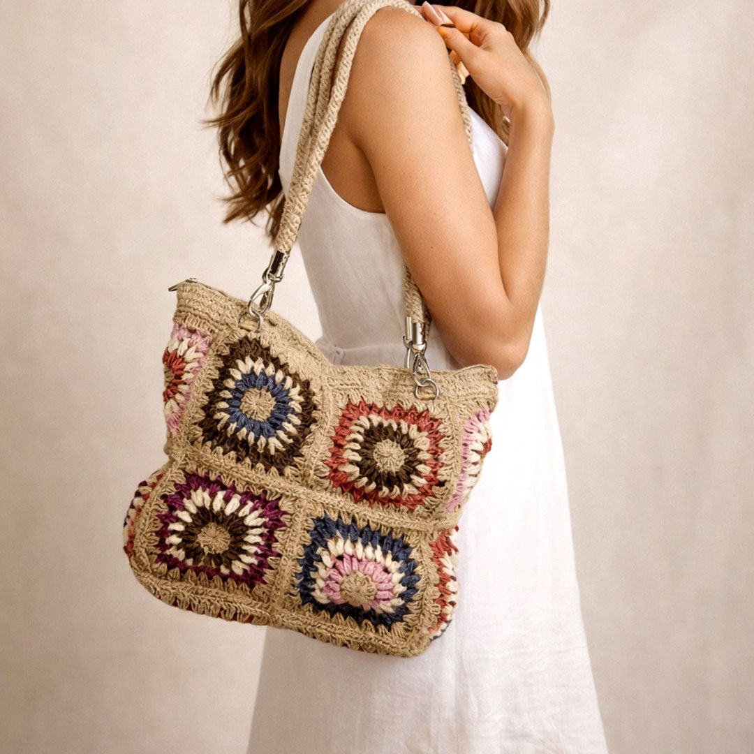 Jute Crochet Granny Square Tote Bag with Rope Handles