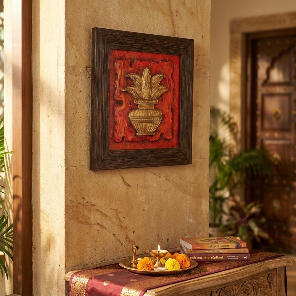 A beautiful traditional Kalash stone painting wall decor in a dark wooden frame displayed on a textured wall.