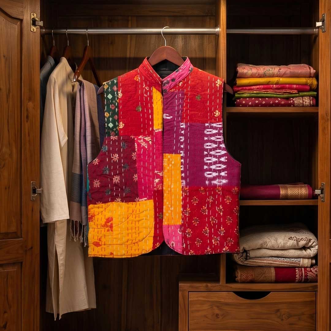 Artisan Patchwork Kantha Stitch Quilted Cotton Waistcoat
