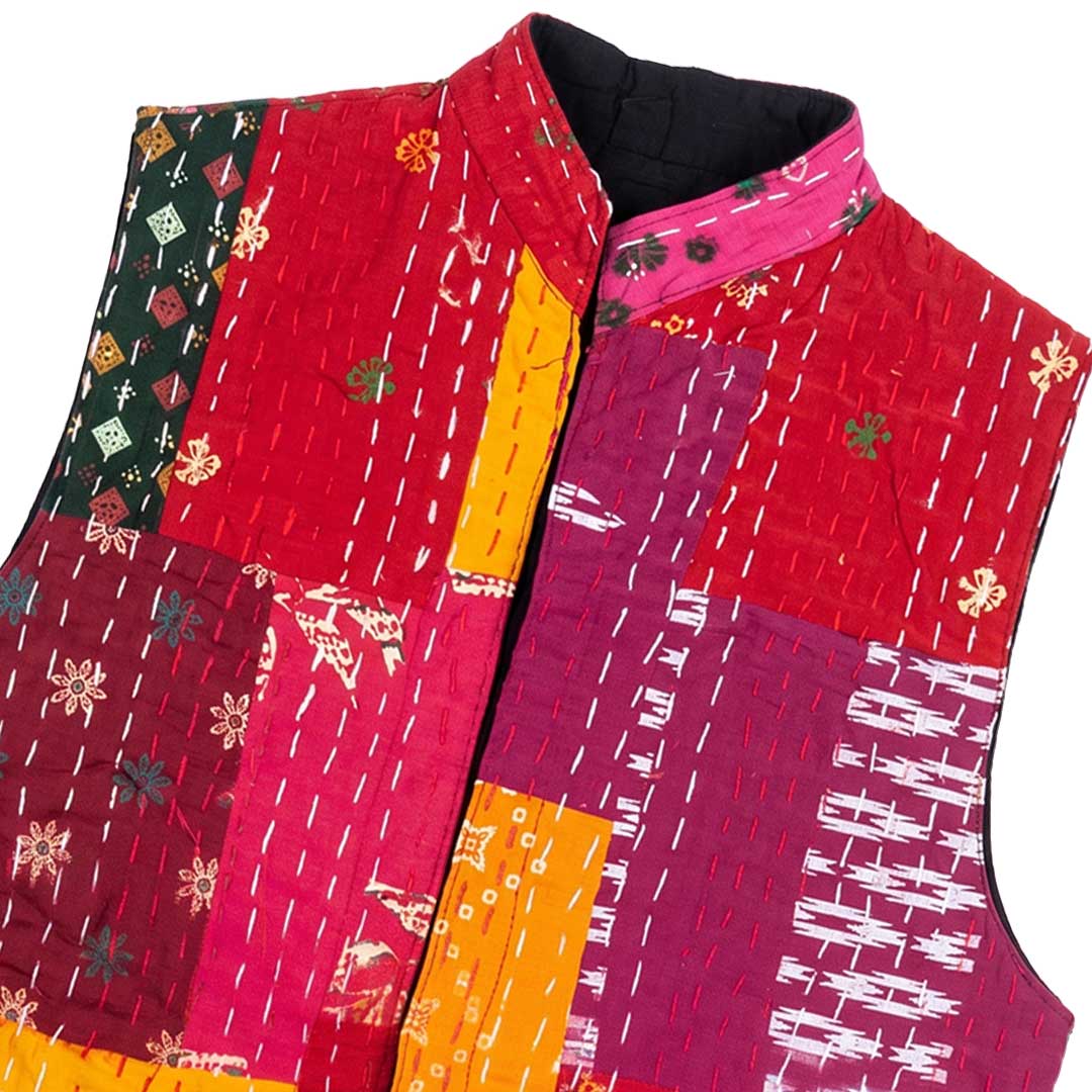 Artisan Patchwork Kantha Stitch Quilted Cotton Waistcoat