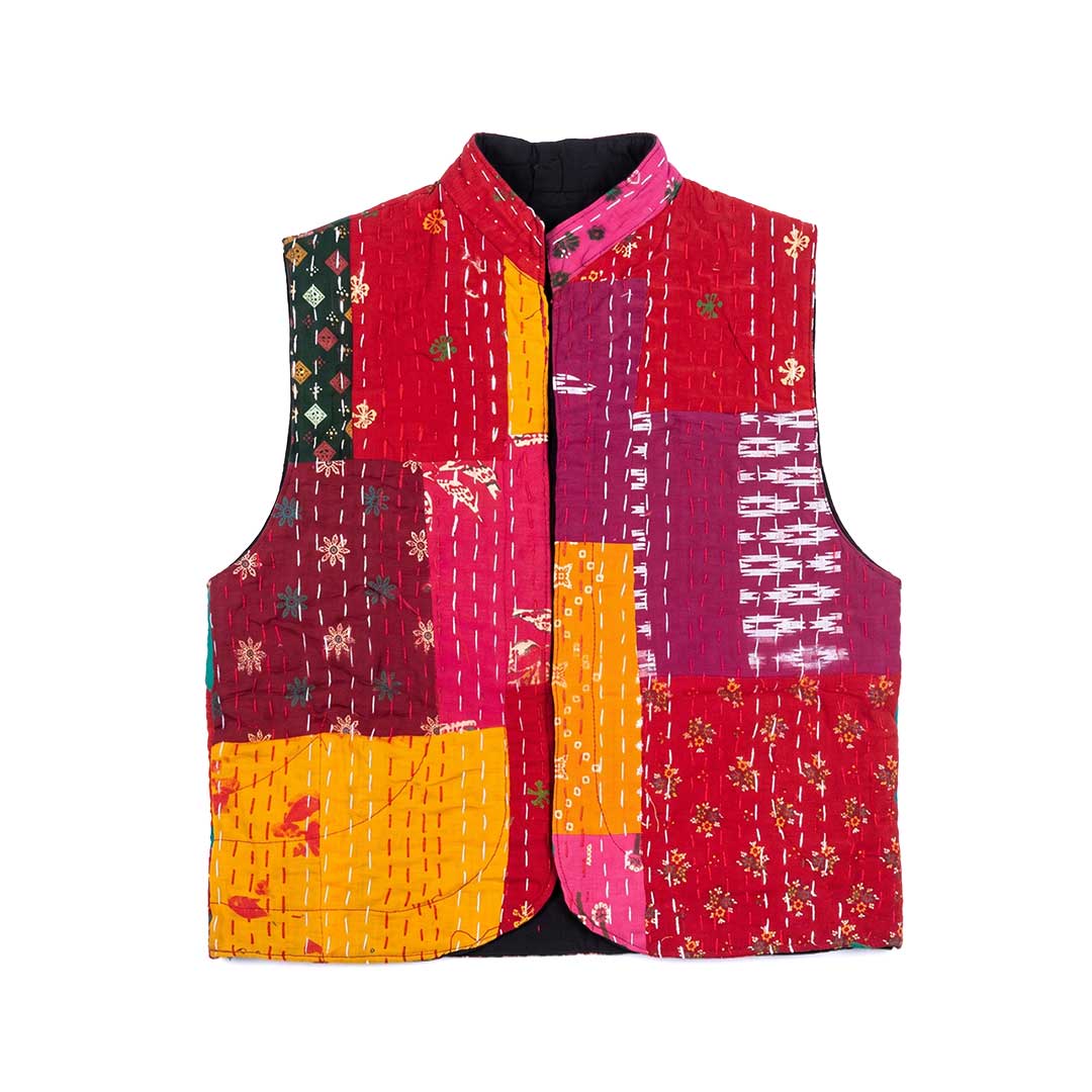 Artisan Patchwork Kantha Stitch Quilted Cotton Waistcoat