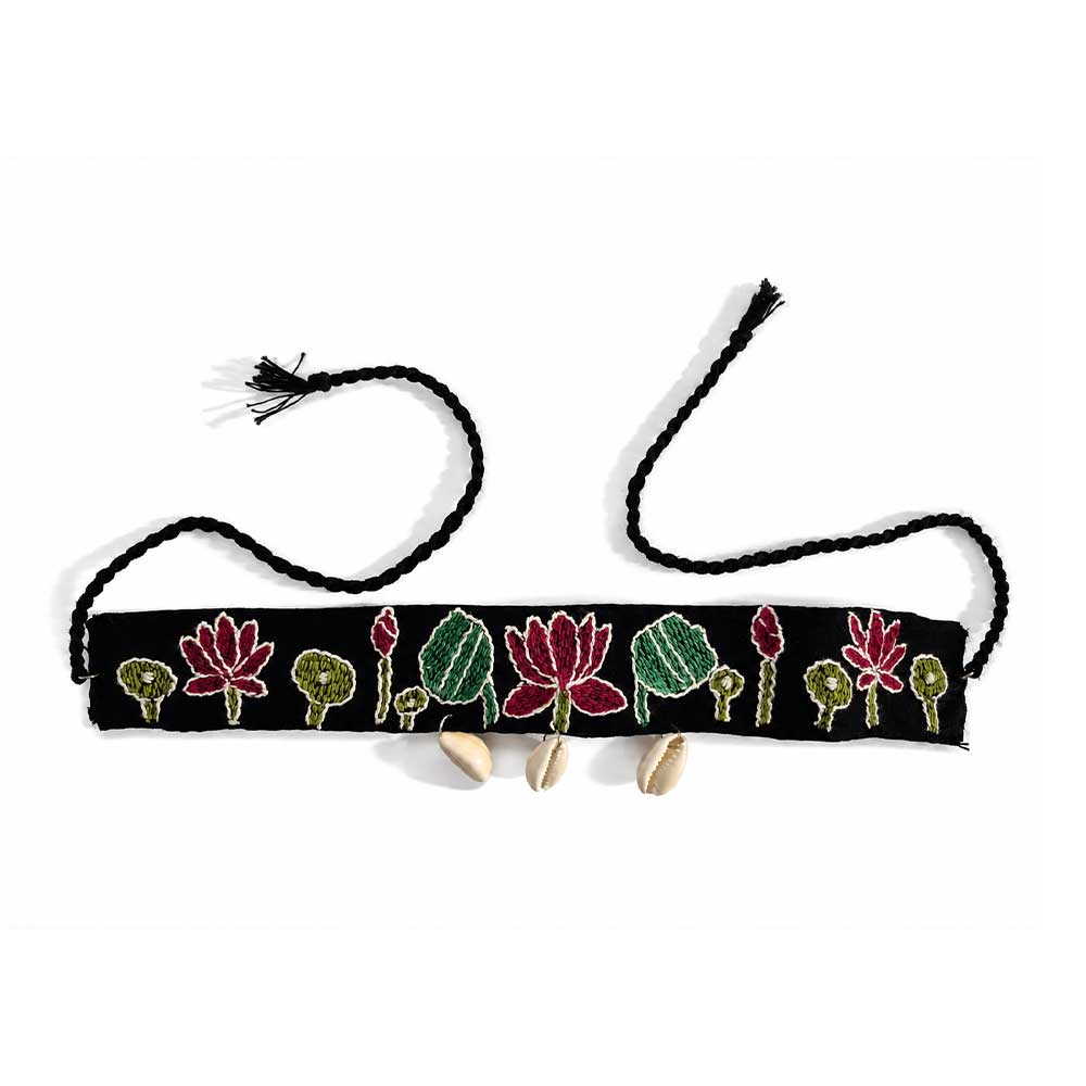 Embroidered Lotus Garden Kantha Choker with Cowrie Shells