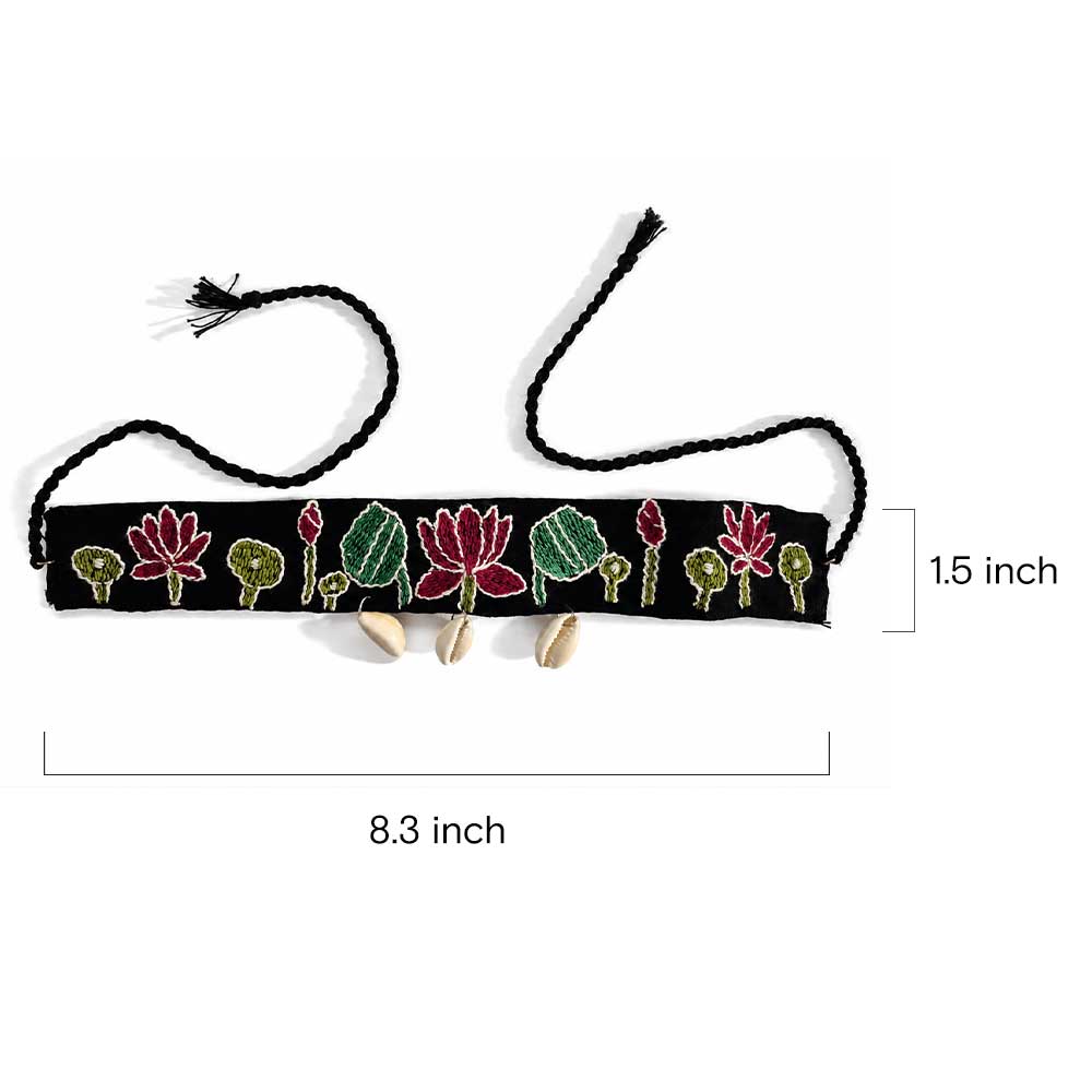 Embroidered Lotus Garden Kantha Choker with Cowrie Shells