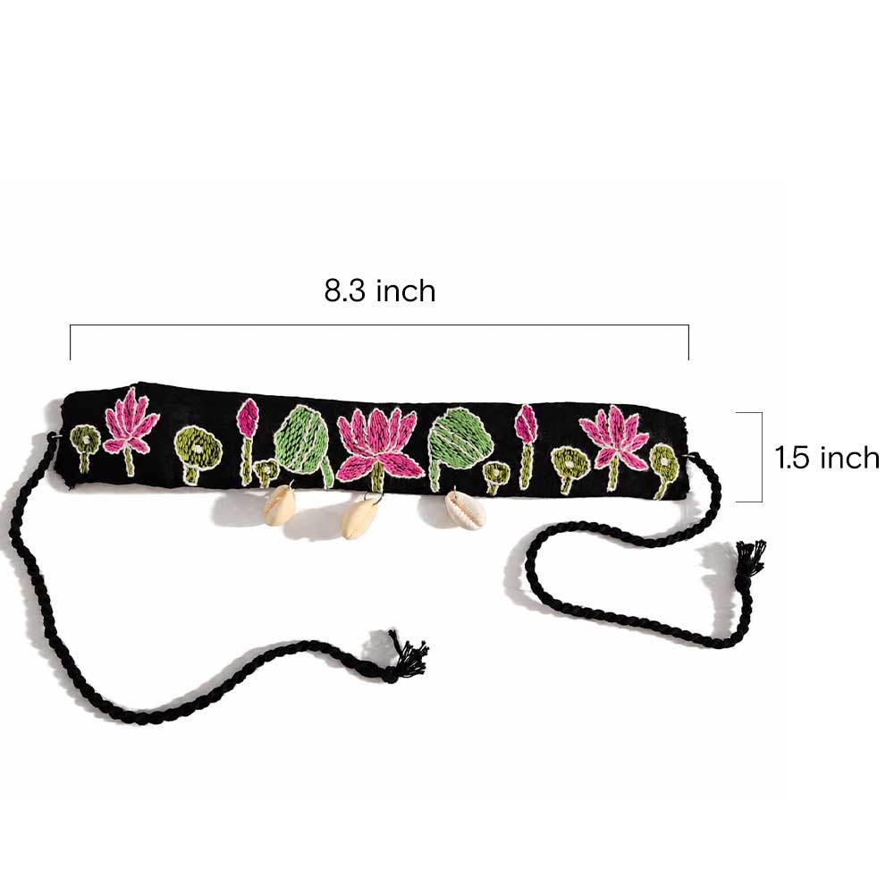 Lotus Motif Kantha Stitch Fabric Choker with Shell Details