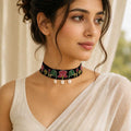 Embroidered Lotus Garden Kantha Choker with Cowrie Shells