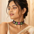 Lotus Motif Kantha Stitch Fabric Choker with Shell Details