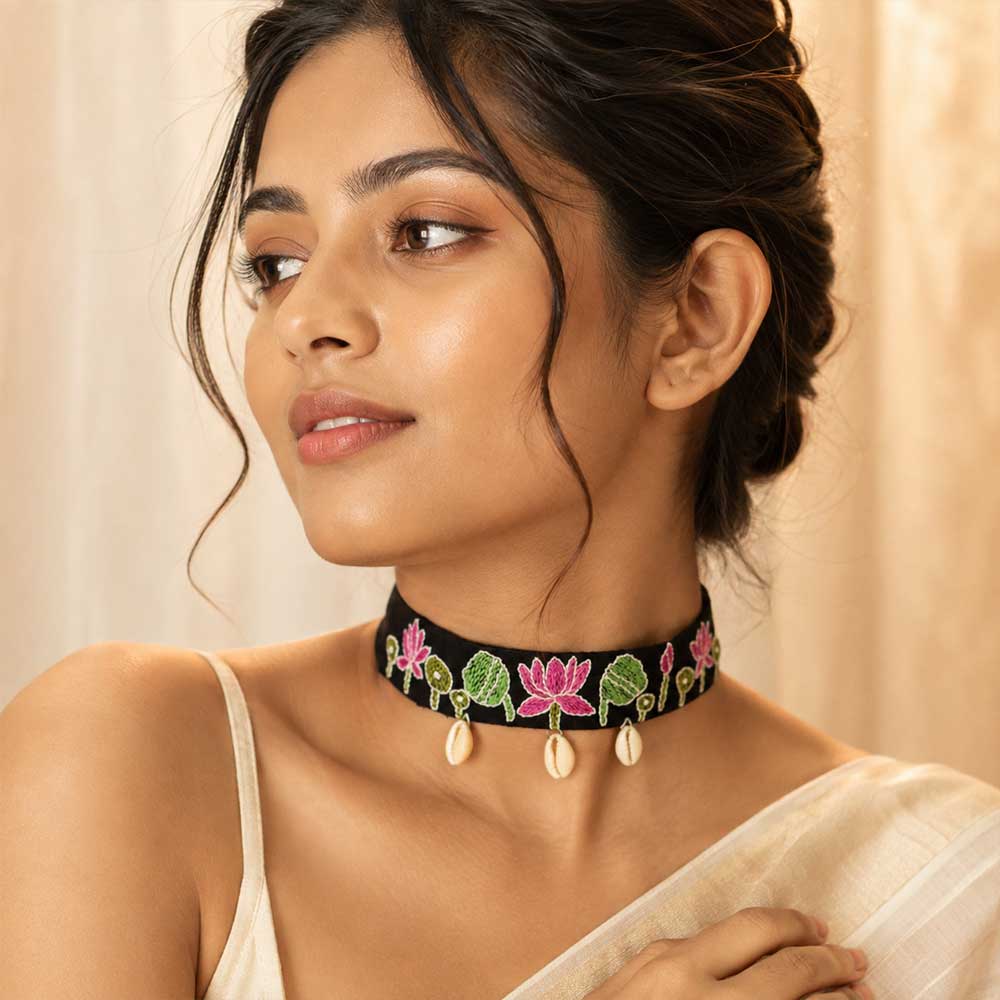 Lotus Motif Kantha Stitch Fabric Choker with Shell Details