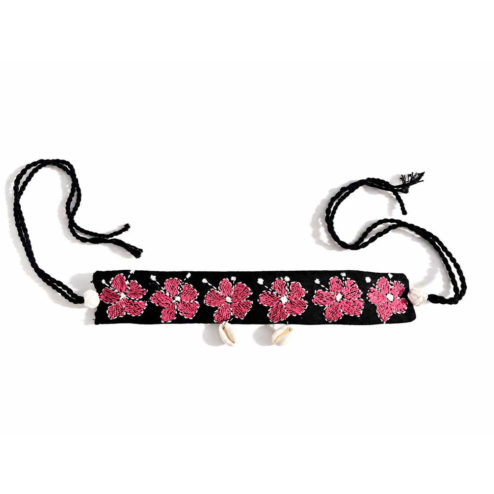 Hand-Embroidered Kantha Stitch Floral Choker with Cowrie Shells