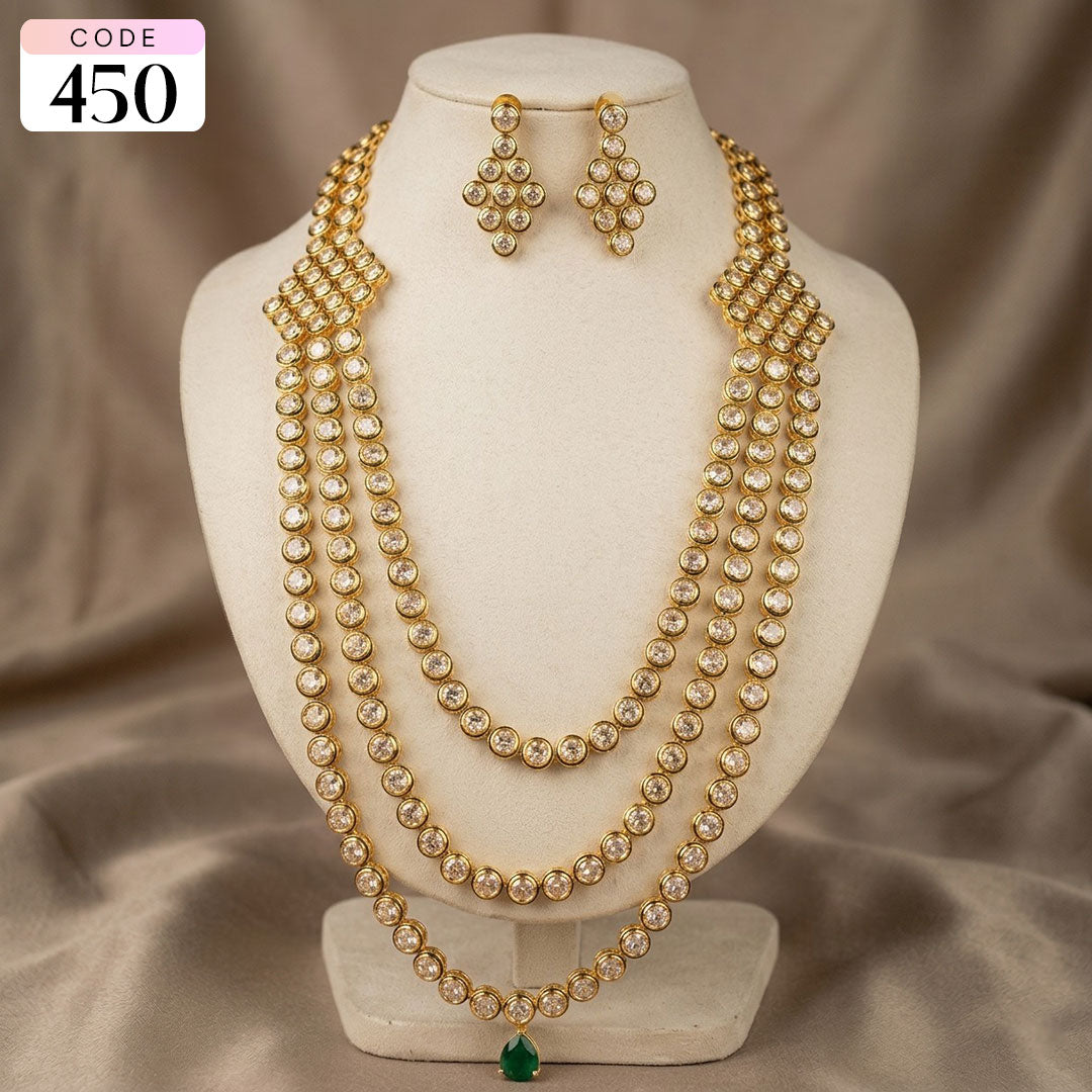 Triple-Layered Kundan Necklace Set with Green Drop Pendant