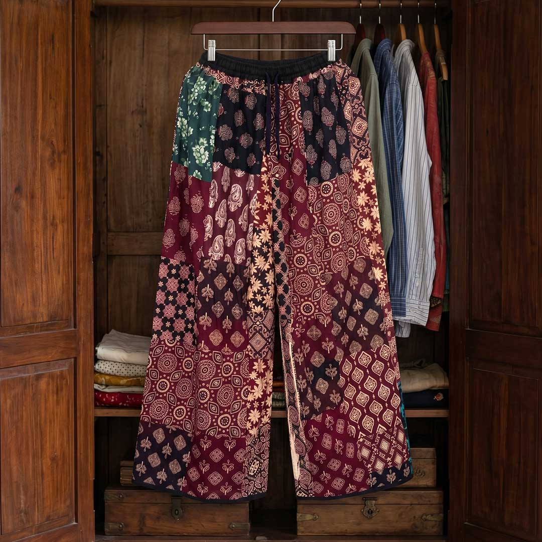 Handcrafted Maroon Patchwork Cotton Wide Leg Culottes