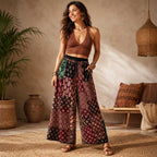Handcrafted Maroon Patchwork Cotton Wide Leg Culottes