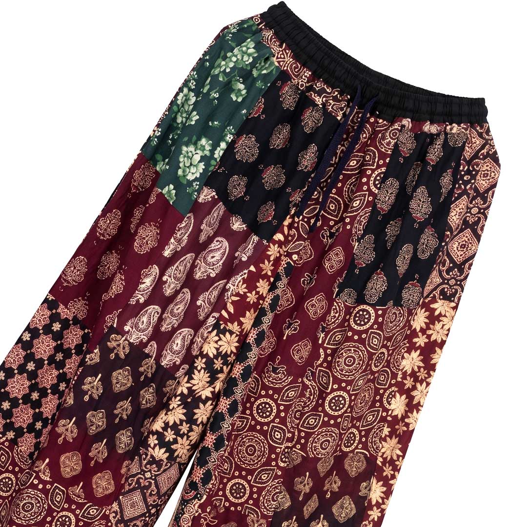 Handcrafted Maroon Patchwork Cotton Wide Leg Culottes