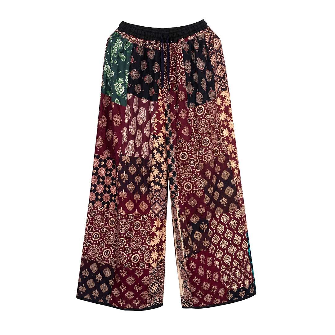 Handcrafted Maroon Patchwork Cotton Wide Leg Culottes