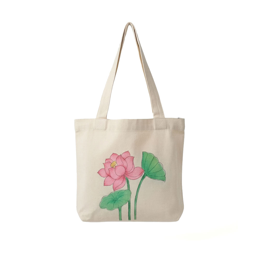 Pink Lotus Hand-Painted Canvas Tote Bag