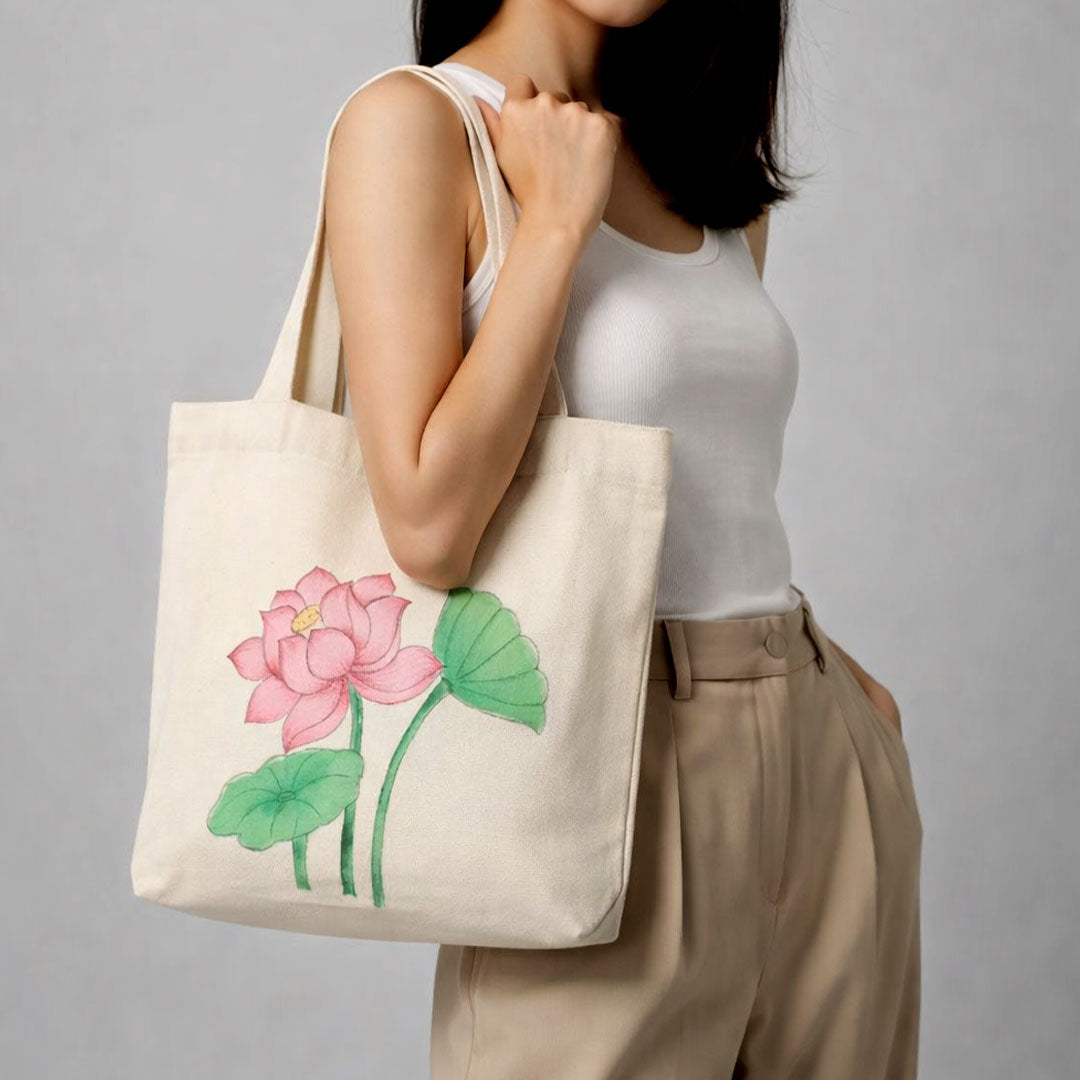Pink Lotus Hand-Painted Canvas Tote Bag
