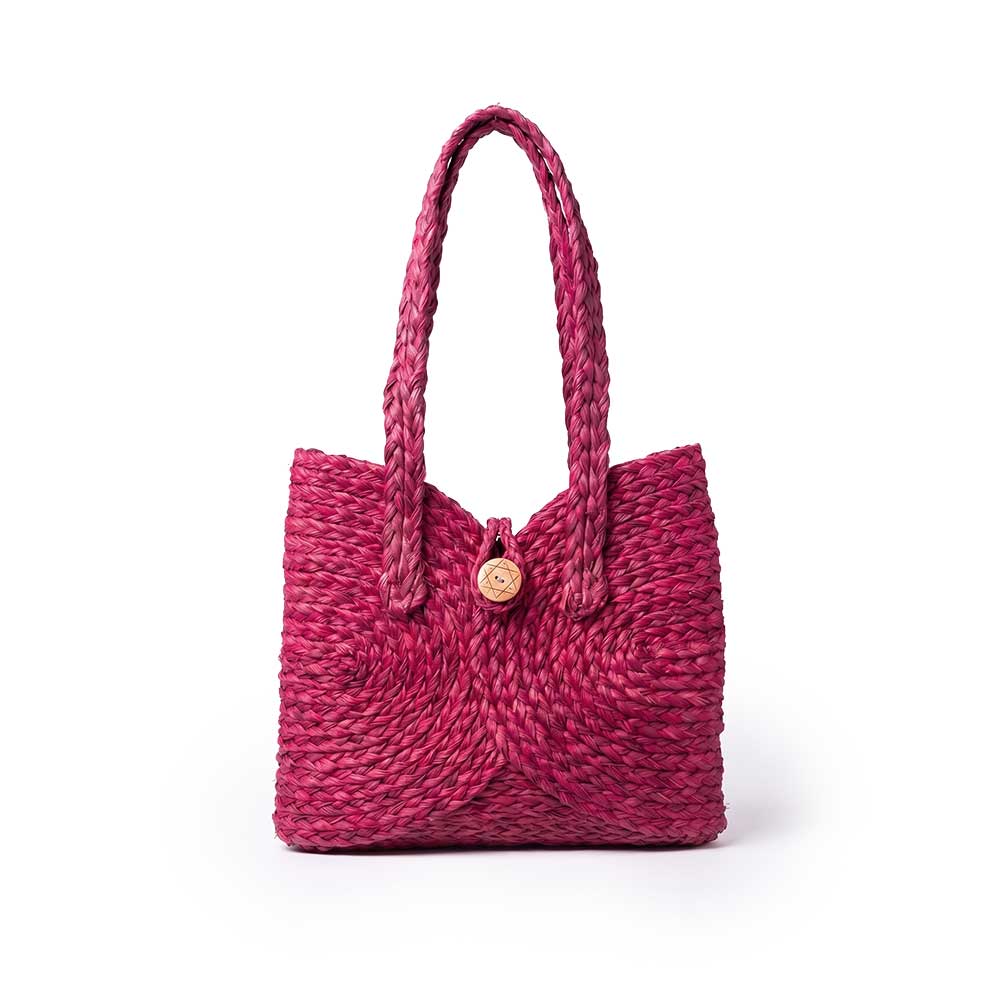 Magenta Sabai Grass Tote Bag with Handwoven Circular Pattern