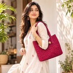Magenta Sabai Grass Tote Bag with Handwoven Circular Pattern