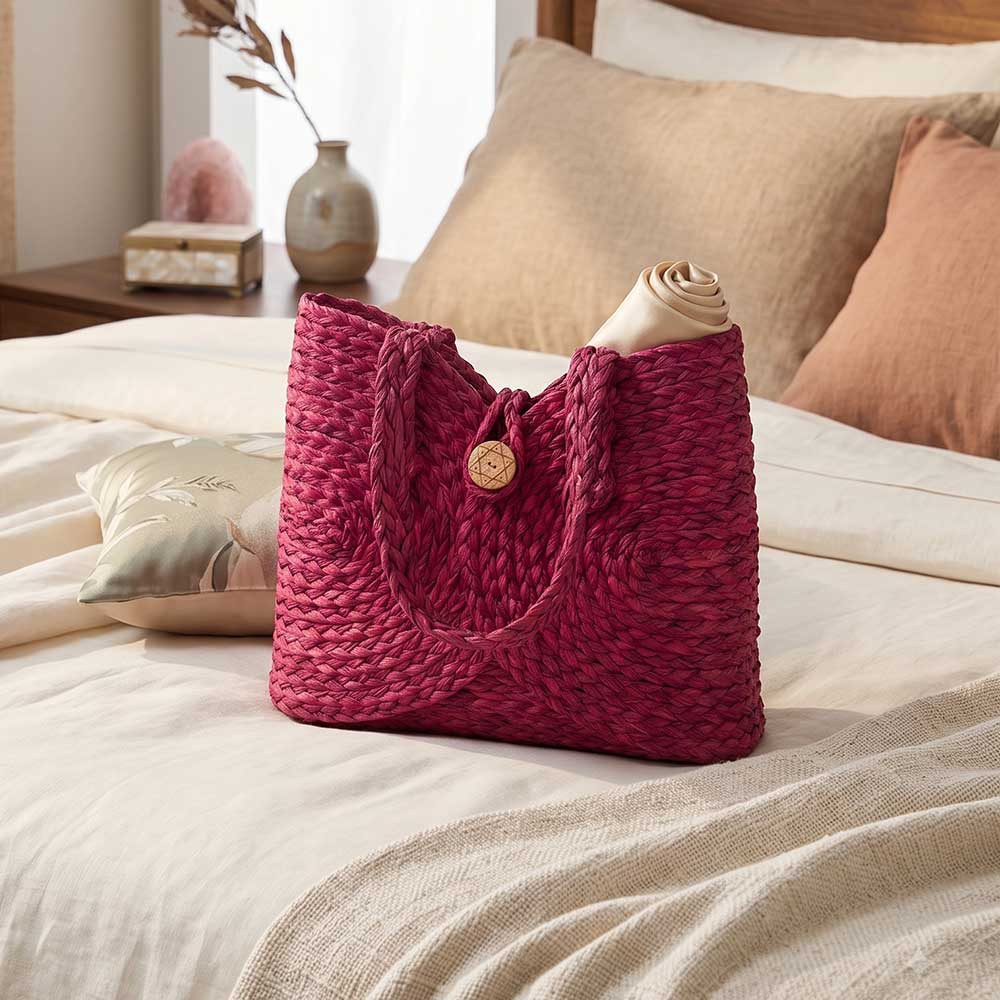 Magenta Sabai Grass Tote Bag with Handwoven Circular Pattern