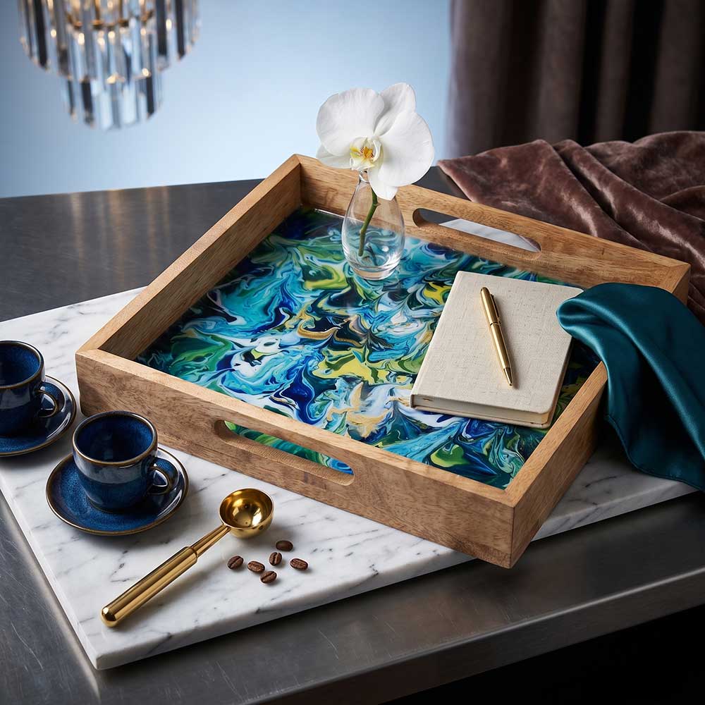 A square mango wood serving tray with blue and green marbleized enamel inlay sitting on a white marble surface, displaying a notebook, pen, and orchid.