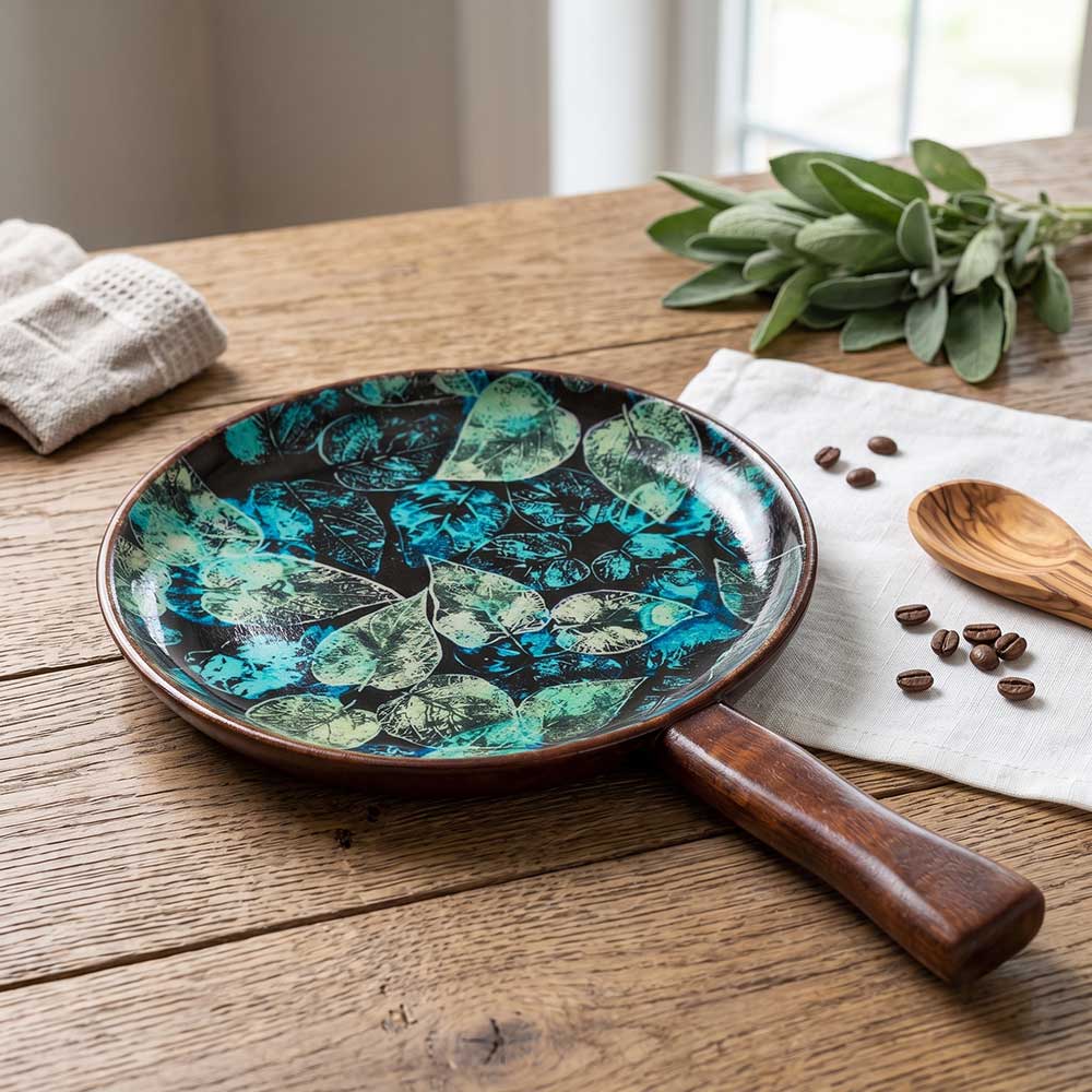 Wide shot of the mango wood serving tray styled in a modern kitchen setting, demonstrating its utility as a high-end entertaining piece.