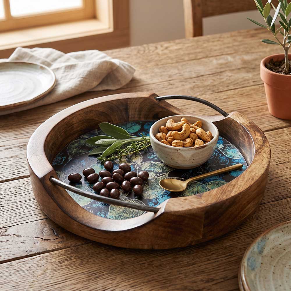 Close-up detail of the metal handles and wood grain texture on the mango wood serving tray.