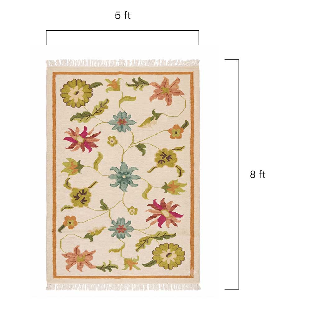 Dimension diagram of Mirzapur Carpets floral wool area rug measuring 5 ft in width by 8 ft in length