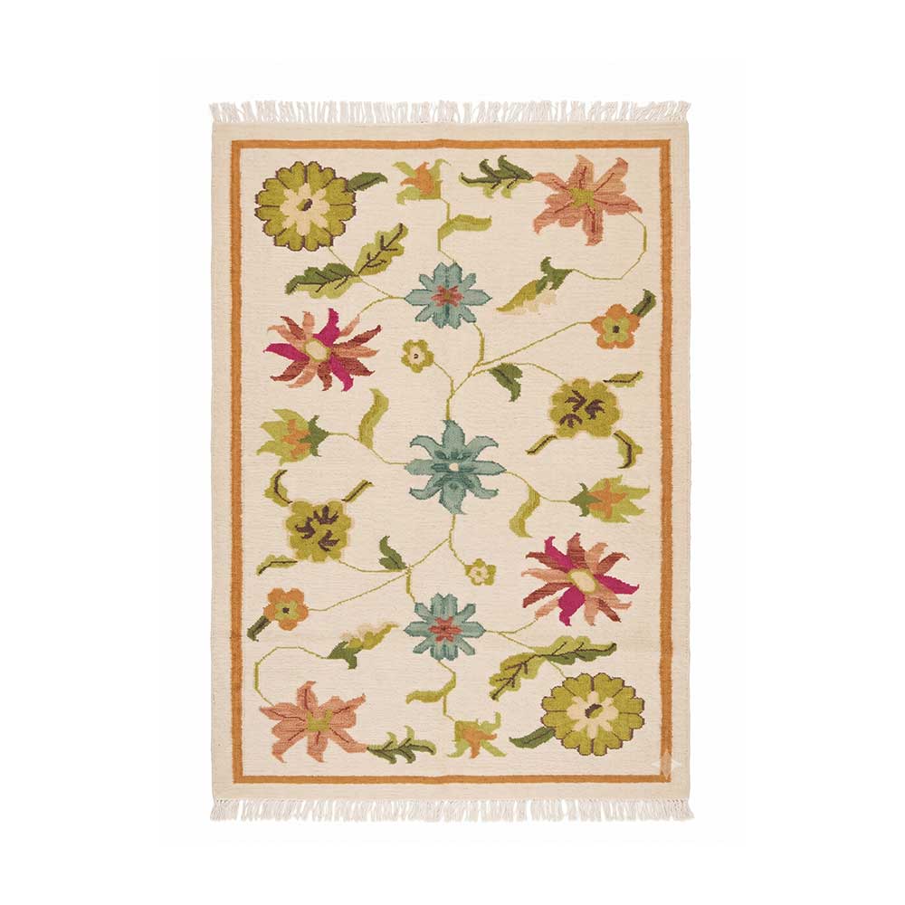 Full top-down view of Mirzapur Carpets 5x8 hand-tufted wool area rug with multi-color floral motif and ivory background