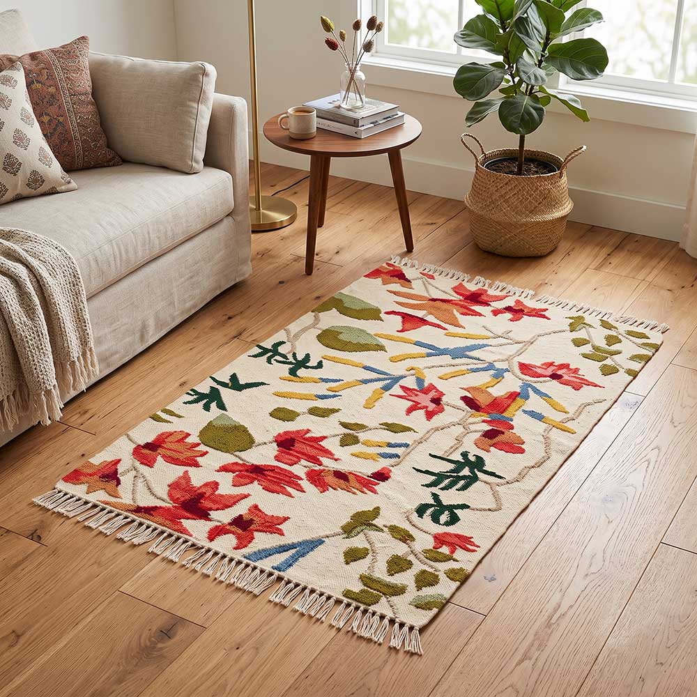 Mirzapur Carpets hand-tufted wool area rug styled on a wooden floor in a bright, modern living room setup.
