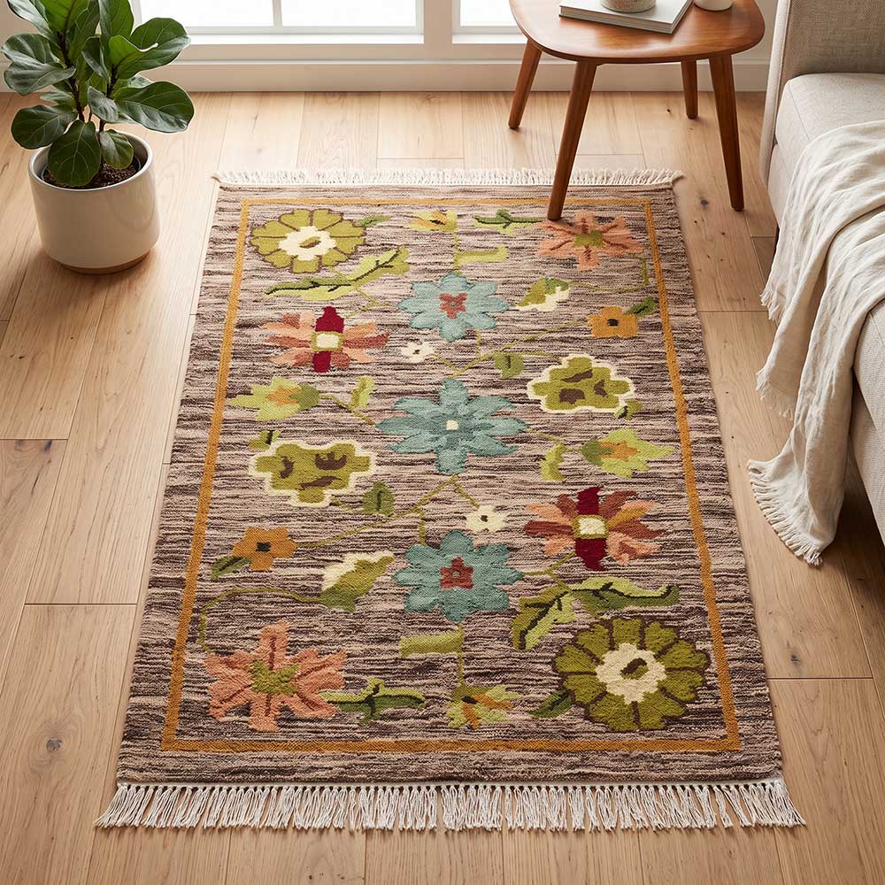 Mirzapur handwoven floral wool area rug styled in modern living room setting