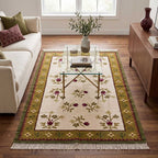 Angled view showing the woven fringe and border detail of the Mirzapur area rug.