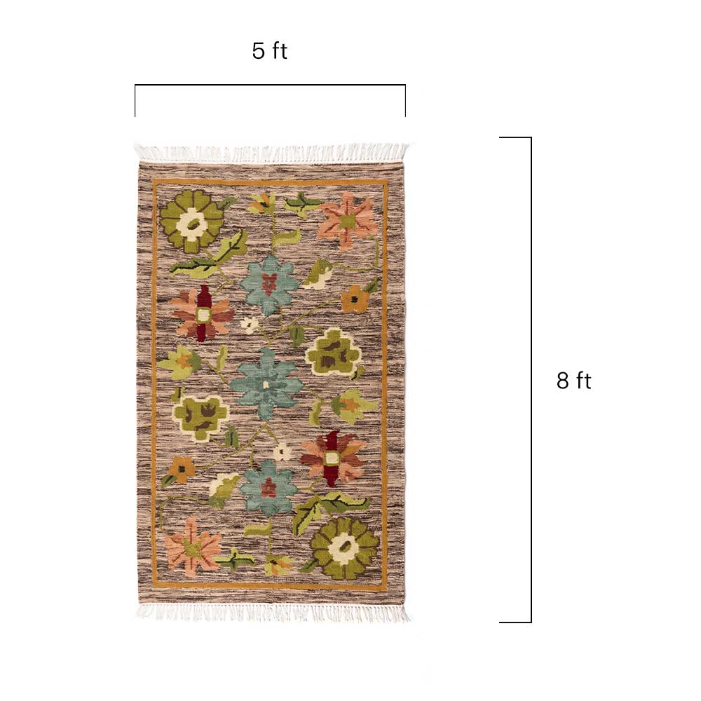 Mirzapur handwoven floral wool area rug size dimensions diagram 5 ft by 8 ft