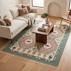 Angled perspective showing the hand-tied fringe ends and low-profile weave of the Mirzapur flatweave rug