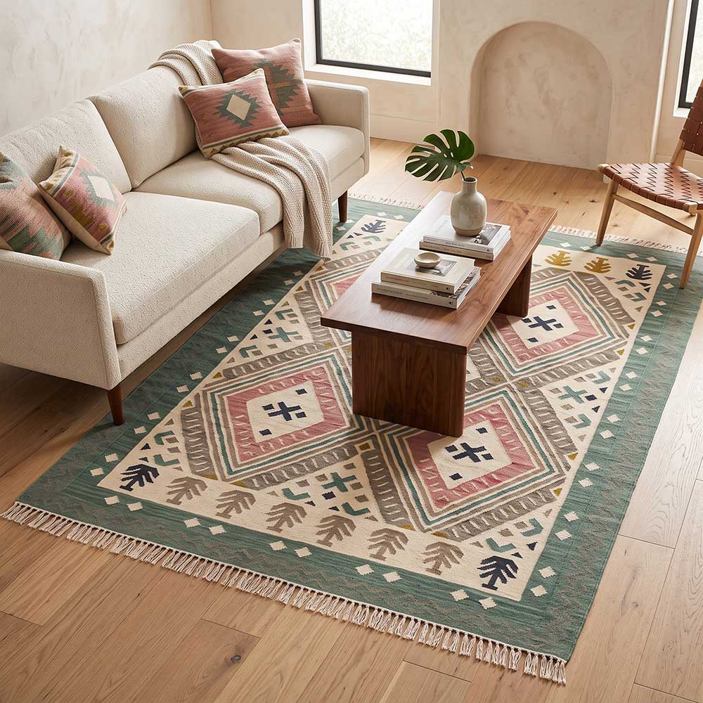 Angled perspective showing the hand-tied fringe ends and low-profile weave of the Mirzapur flatweave rug