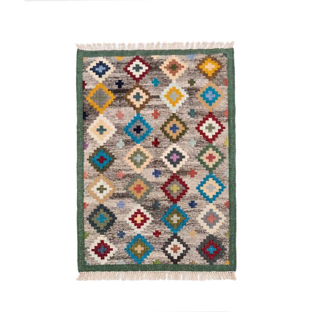 Front view of an authentic hand-knotted Mirzapur wool rug with a colorful geometric diamond pattern and decorative green border.
