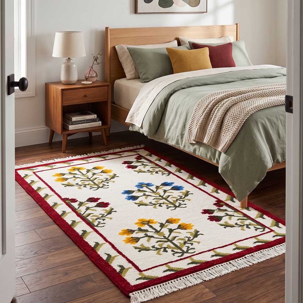 Mirzapur traditional floral wool rug placed next to a wooden bed on a hardwood floor in a cozy bedroom setting