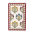 Mirzapur hand-tufted wool rug featuring a cream background with yellow, blue, and red botanical floral motifs and a red border, top-down view