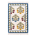 Mirzapur hand-tufted wool rug in 5x8 feet featuring classic Mughal tree of life floral motifs in yellow, blue, and red on a cream field with a royal blue border.