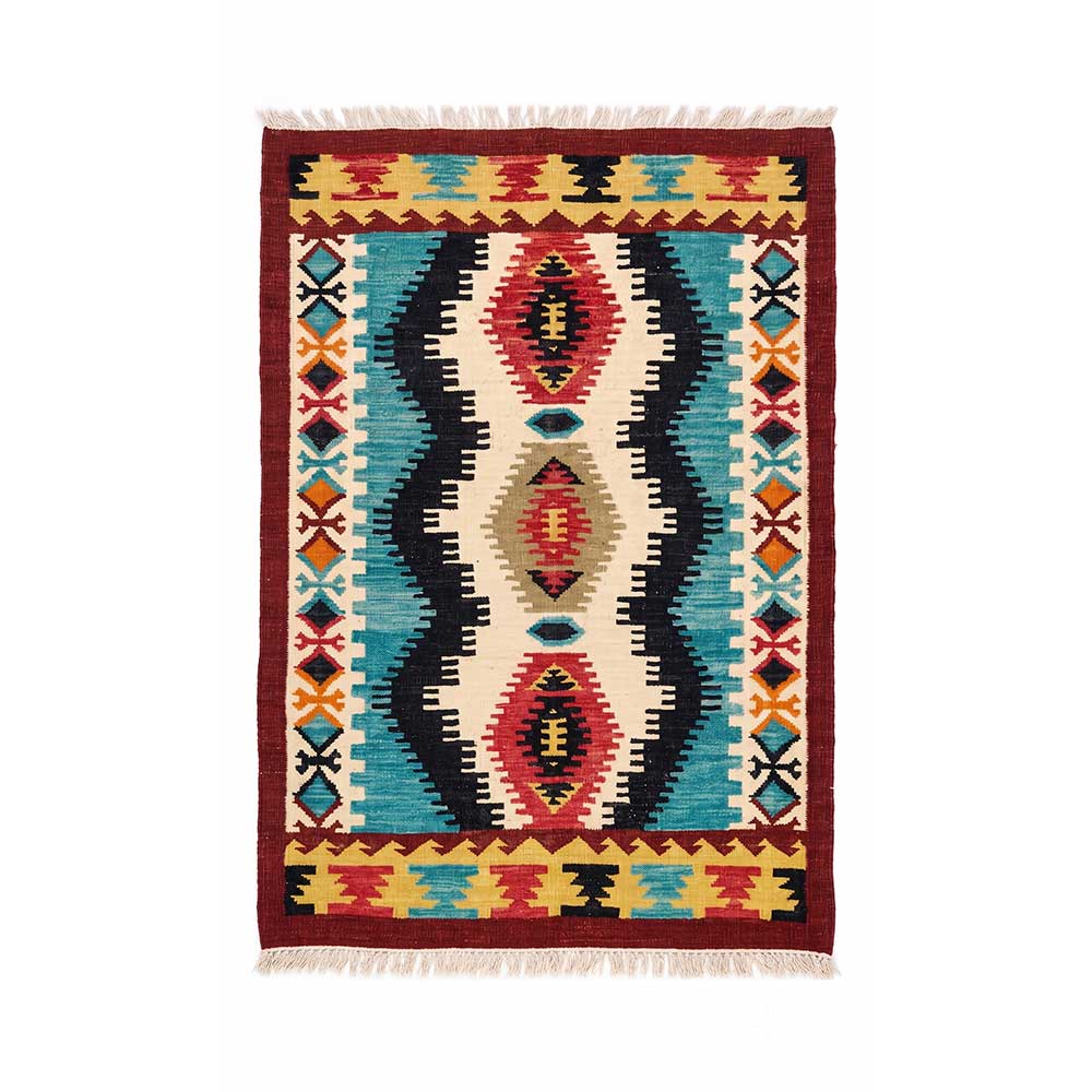 Front view of an artisan Mirzapur hand-woven wool kilim rug with vibrant geometric red and blue tribal patterns