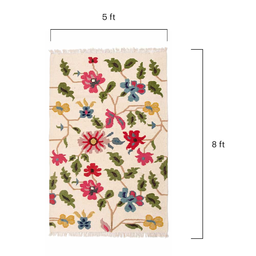 Mirzapur Handwoven Floral Wool Area Rug with 5 ft by 8 ft dimension measurements overlay