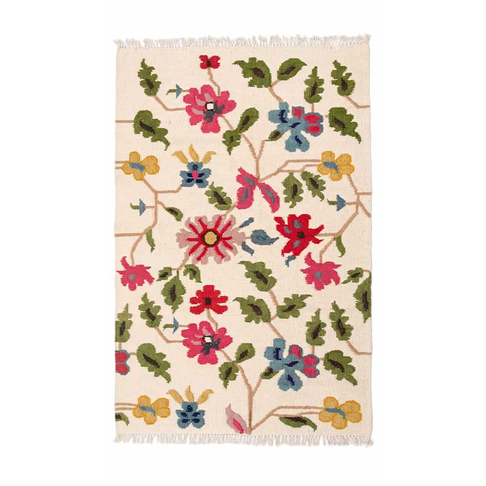 Mirzapur Handwoven Floral Wool Area Rug in 5x8 ft size with colorful botanical pattern on ivory background, top-down full view